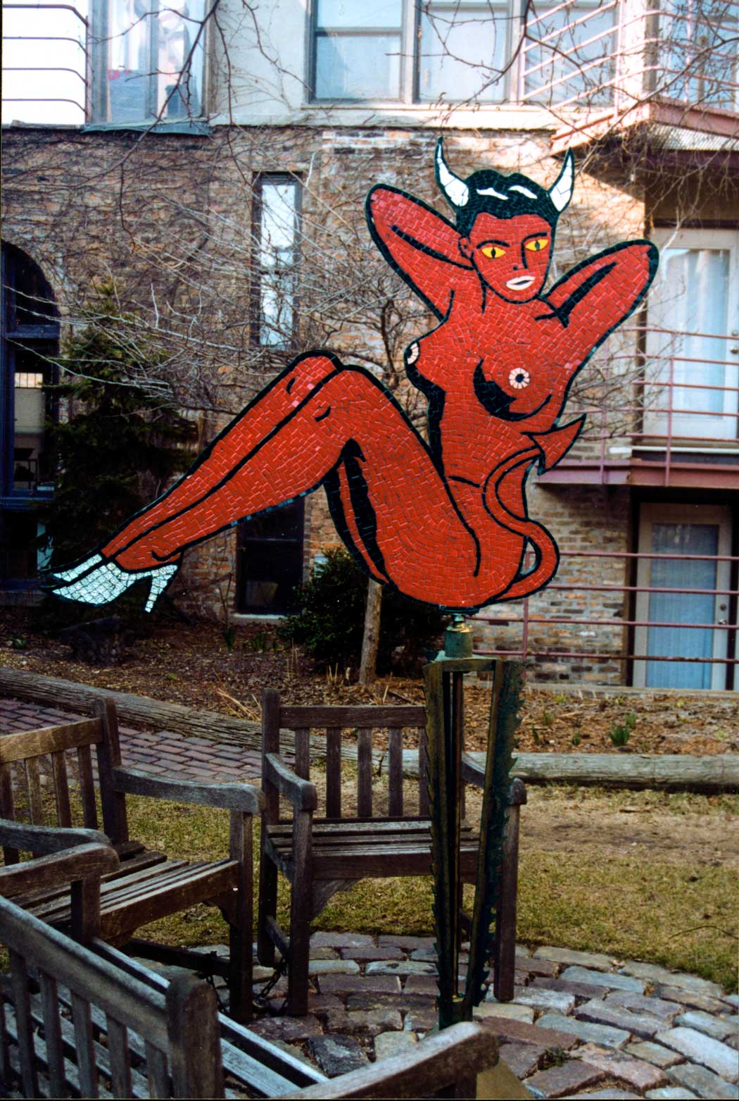 devil Girl Windvane in tile mosaic, steel, copper, brass