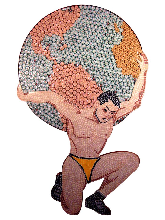Bottle cap mosaic of atlas holding up the world