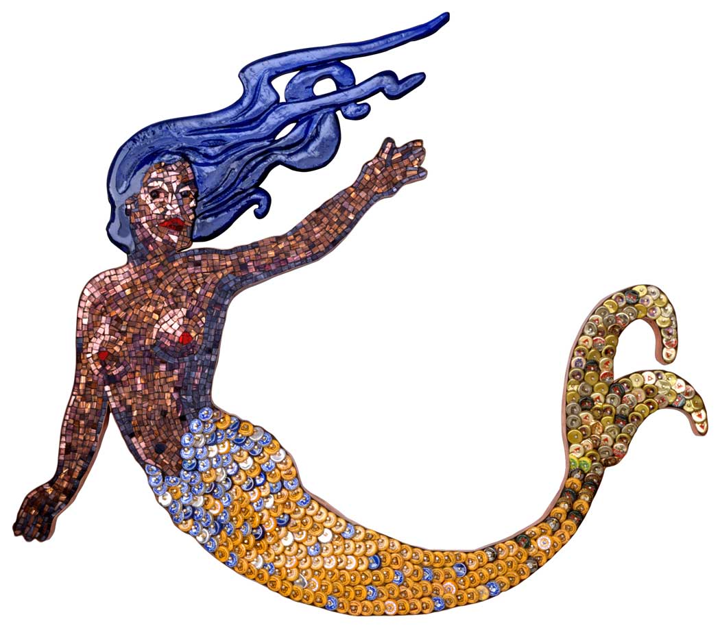 Mermaid Mosaic Sculpture in Bottle Caps and Italian Glass, 2000