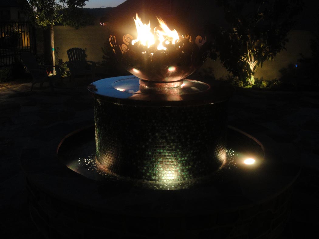 Stone And Tile Fountain With Fire Feature