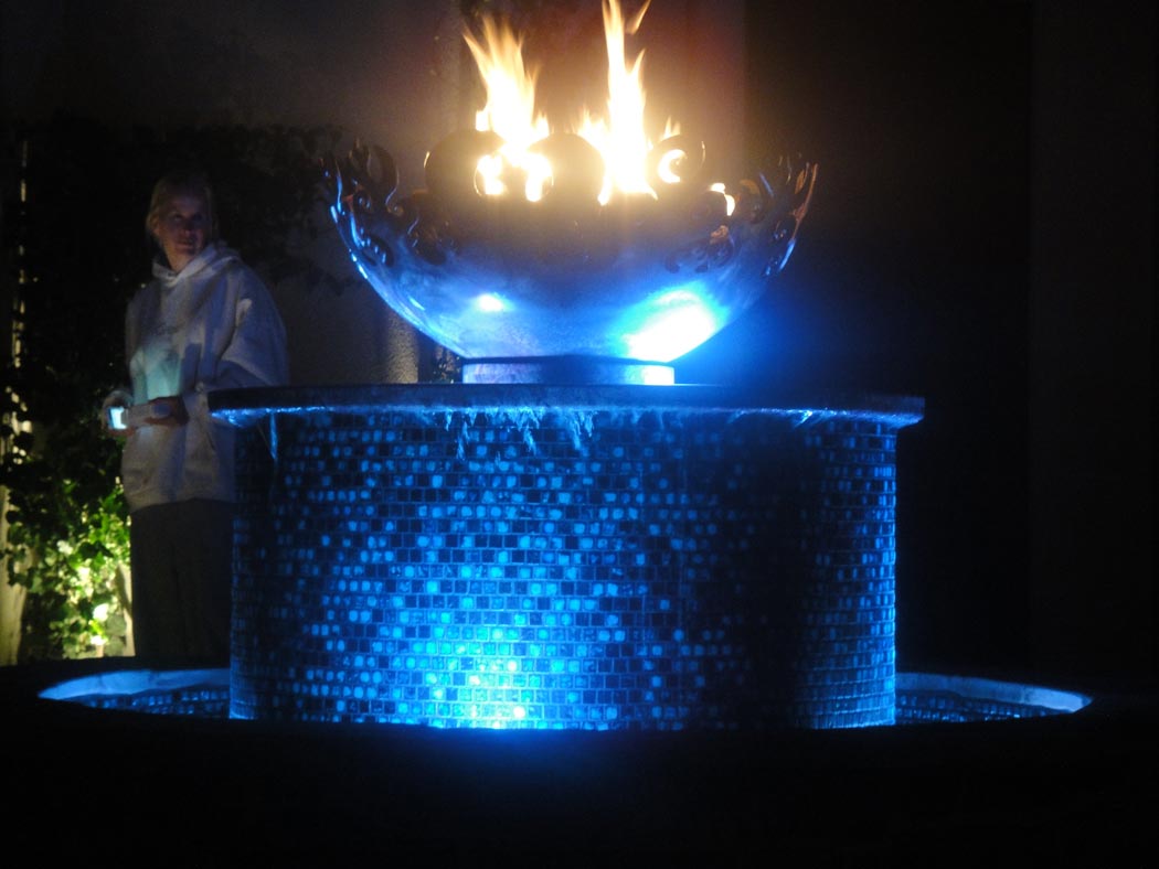 Stone And Glass Water Feature With Firebowl