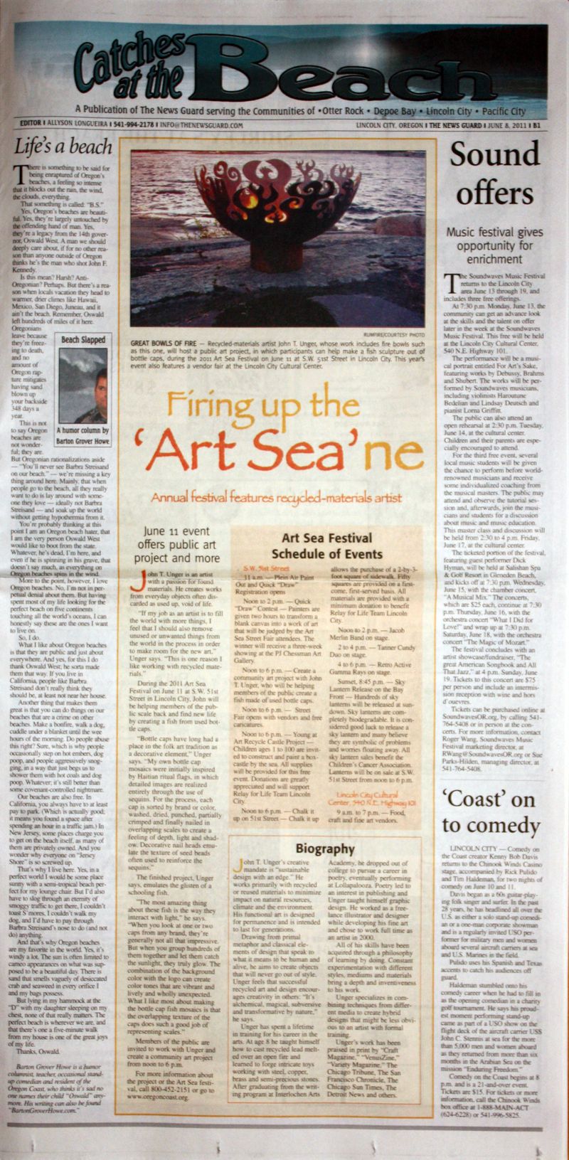 "Firing up the 'Art Sea'ne." The News Guard [Lincoln City, OR] 8 June 2011: Front Cover, B1. Print.