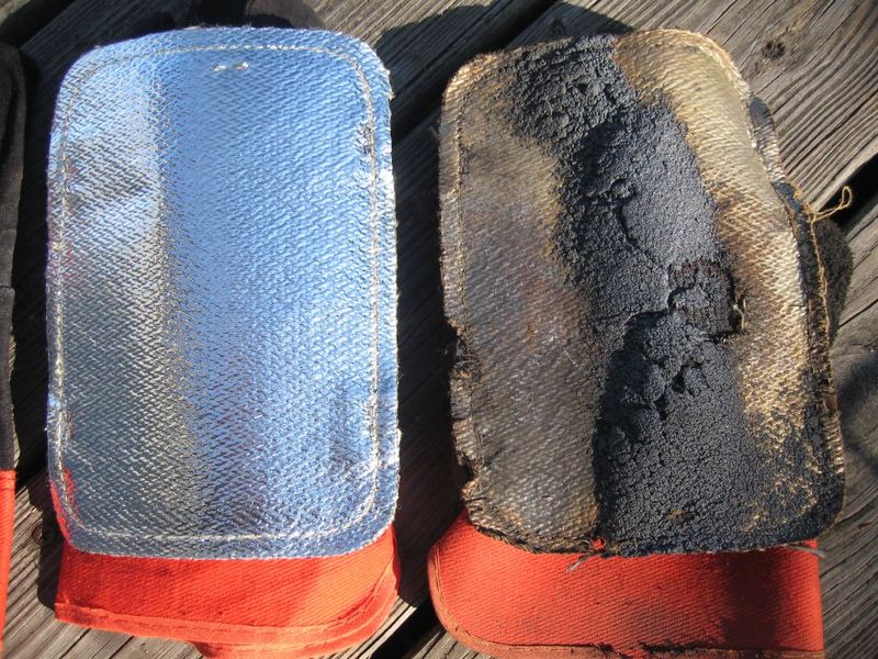 Note the holes where steel has burned right through the Kevlar.