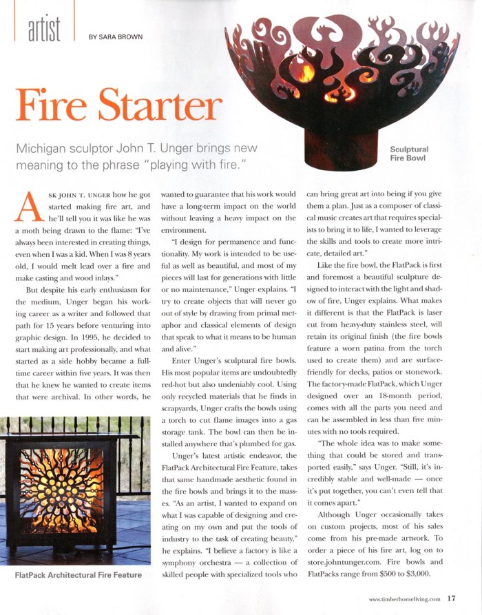 Brown, Sara. "Fire Starter." Timber Home Living Dec. 2012: 17. Print.