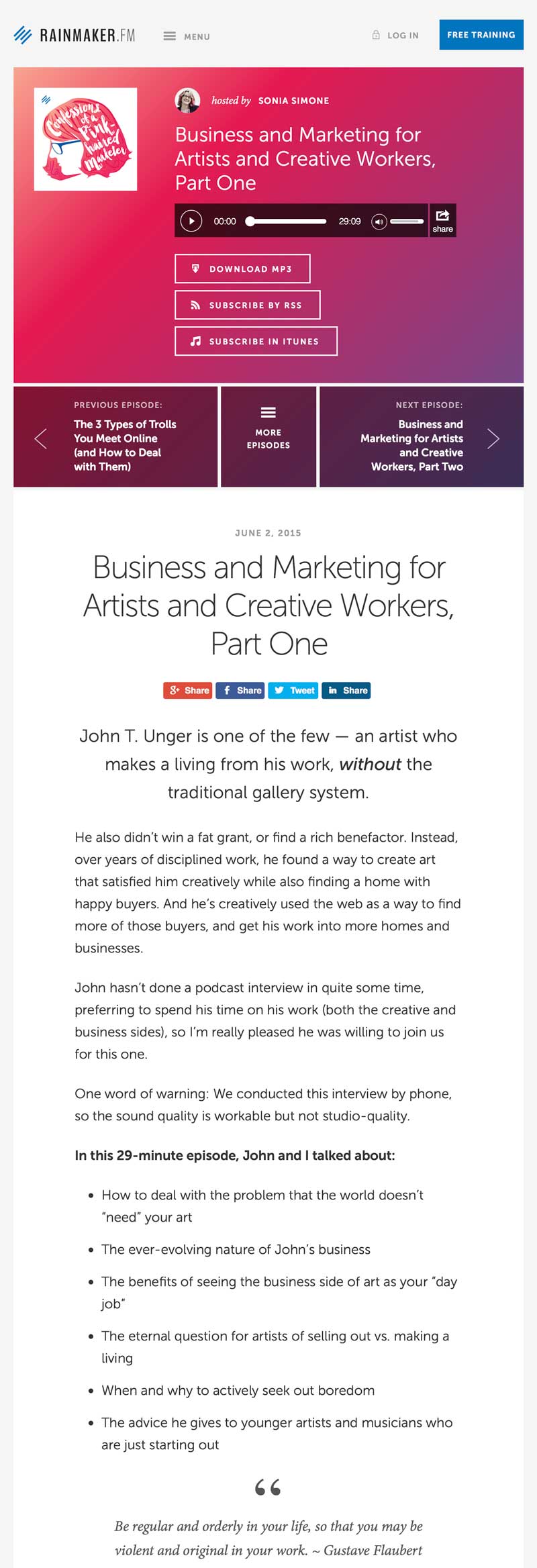 Simone, Sonia. “Business and Marketing for Artists and Creative Workers, Part One.” The Confessions of a Pink-Haired Marketer, Rainmaker.FM