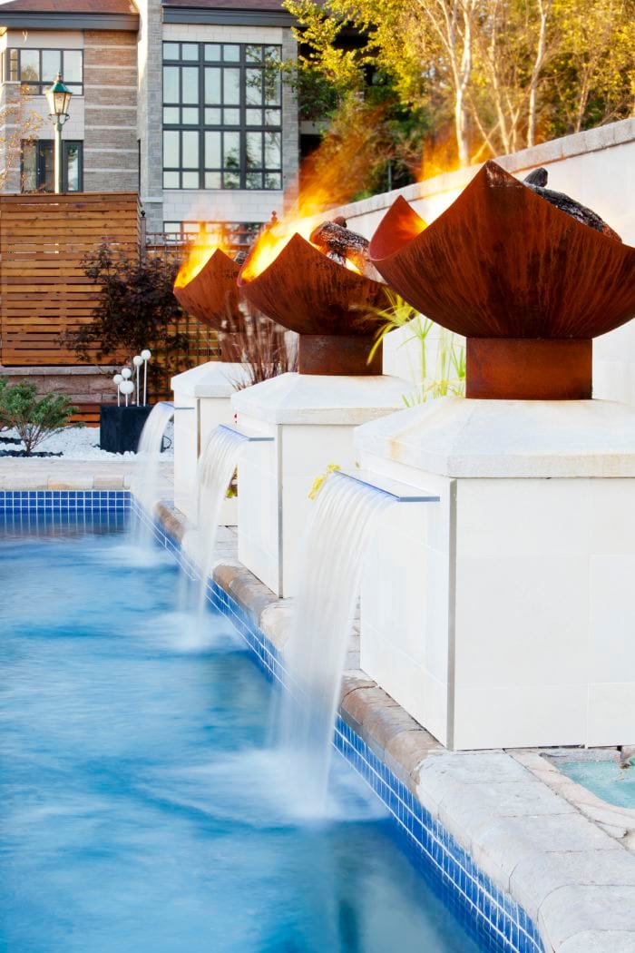 King Isosceles Sculptural Fire Pits with Pool and Fountain in Montreal
