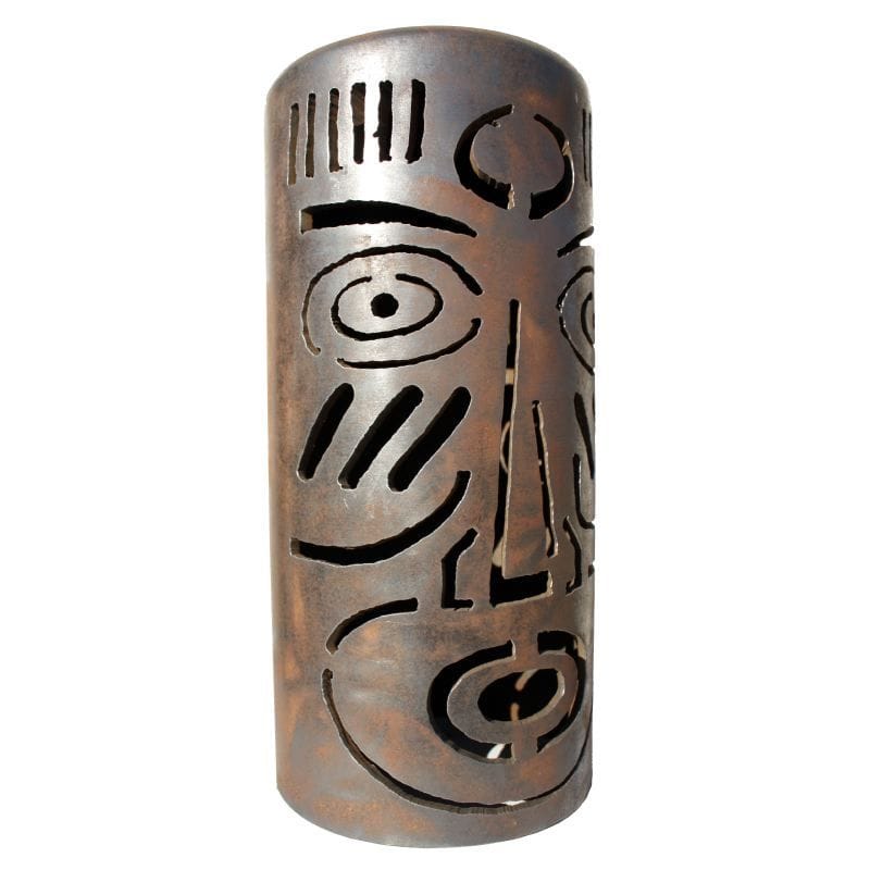 This lantern is a reworking of an African mask design I previously used in my Face of Spades series. This lantern can be used on a table or pedestal and includes a battery powered LED light.