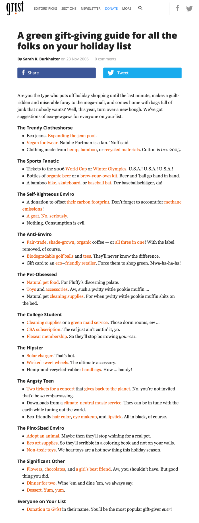   “Gift Rapt: A green gift-giving guide for all the folks on your holiday list,” Grist Magazine