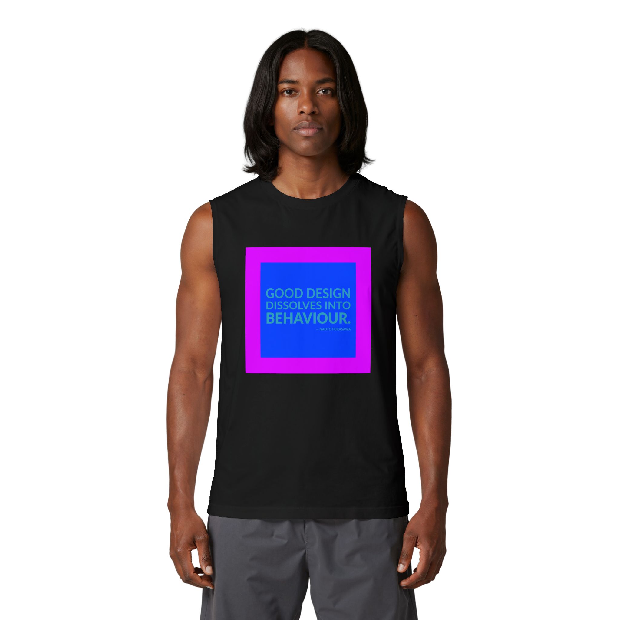 'Good Design Dissolves into Behaviour' — Naoto Fukasawa Quote Tee | Wear Words Black-on-White Literary Tee — Muscle Tank - Image 4