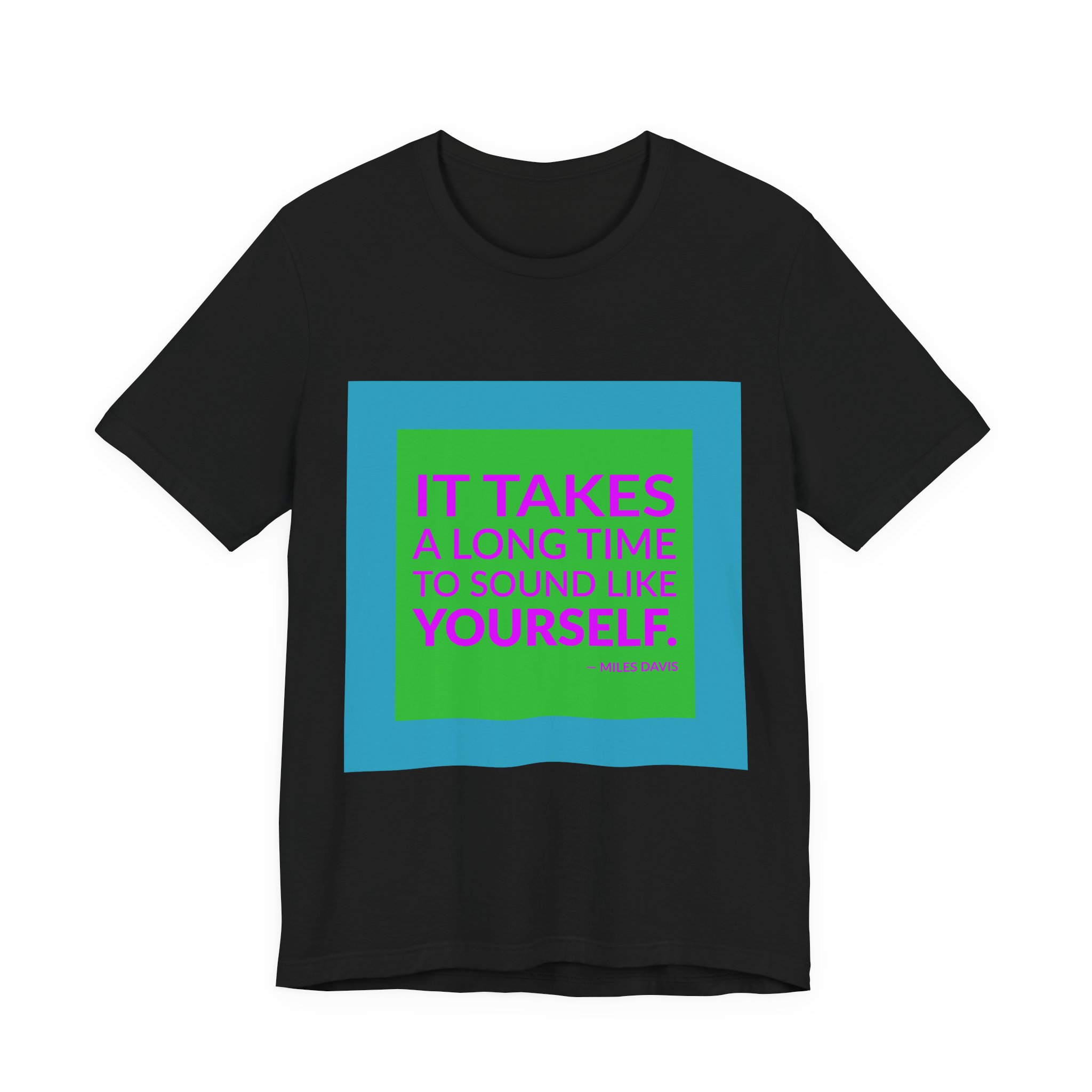 'It Takes a Long Time' — Miles Davis Quote Tee | RQuéV Black-on-White Statement Shirt — Classic Tee - Image 2