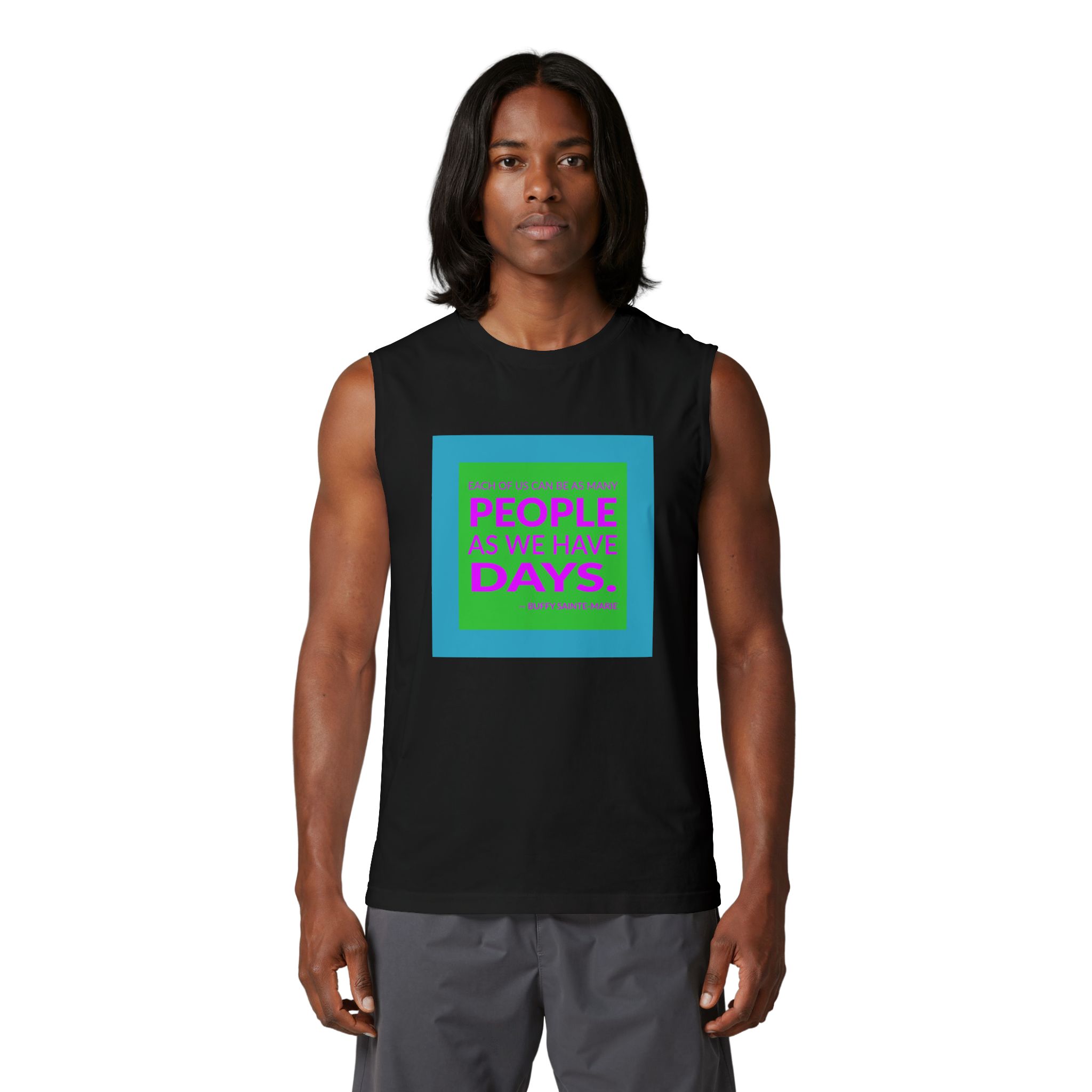 'Each of Us Can Be' — Buffy Sainte-Marie Quote Tee | Wear Words Black-on-White Literary Tee — Muscle Tank - Image 4