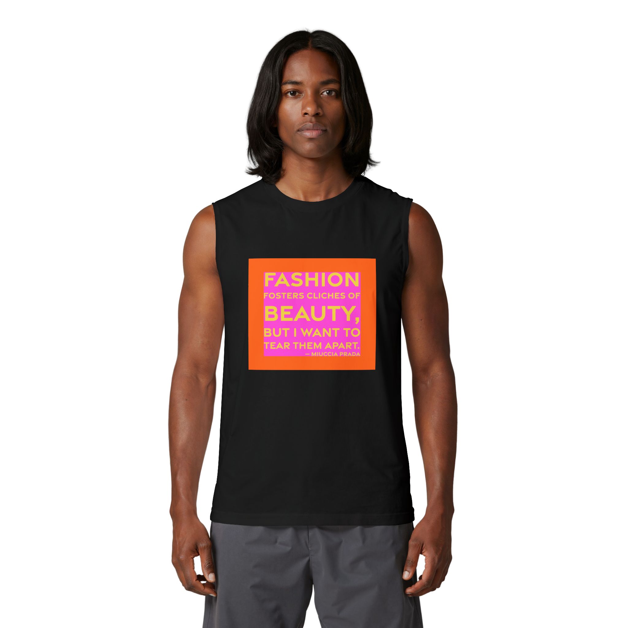 'Fashion Fosters Cliches of Beauty,' — Miuccia Prada Quote Tee | RQuéV Typographic Statement Tee — Muscle Tank - Image 2