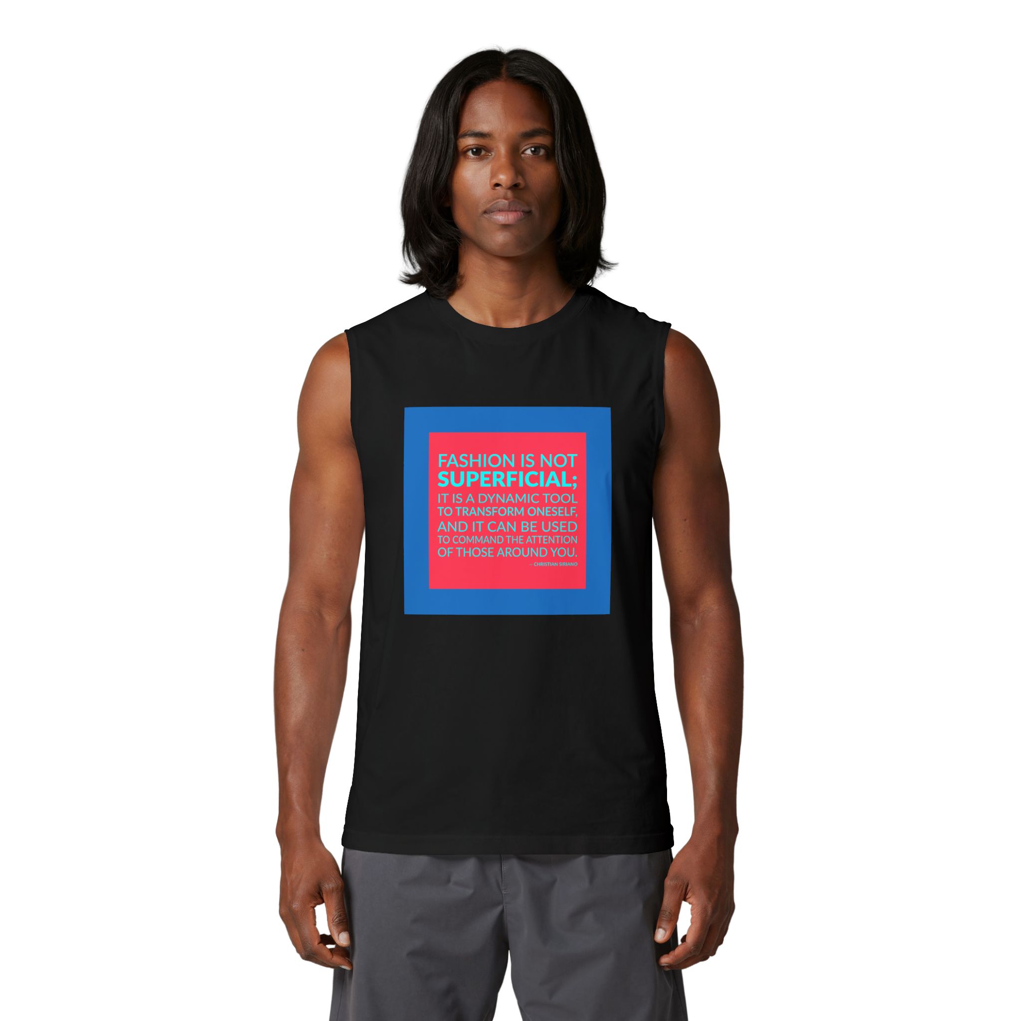 'Fashion is Not Superficial; it' — Christian Siriano Quote Tee | Wear Words Black-on-White Statement Shirt — Muscle Tank - Image 3