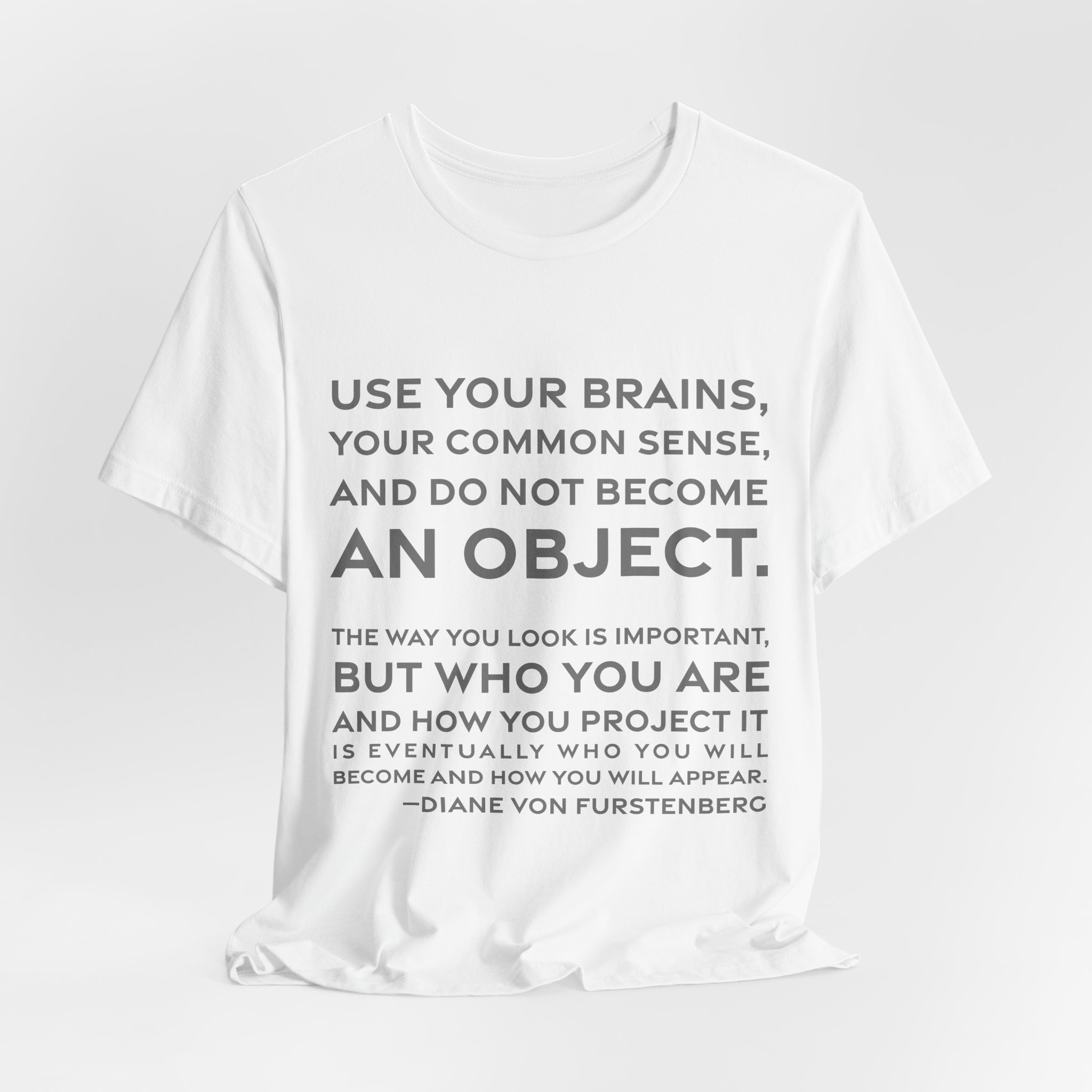 'Use Your Brains, Your Common' — Diane von Fürstenberg Quote Tee | RQuéV Black-on-White Statement Shirt — Classic Tee - Image 4