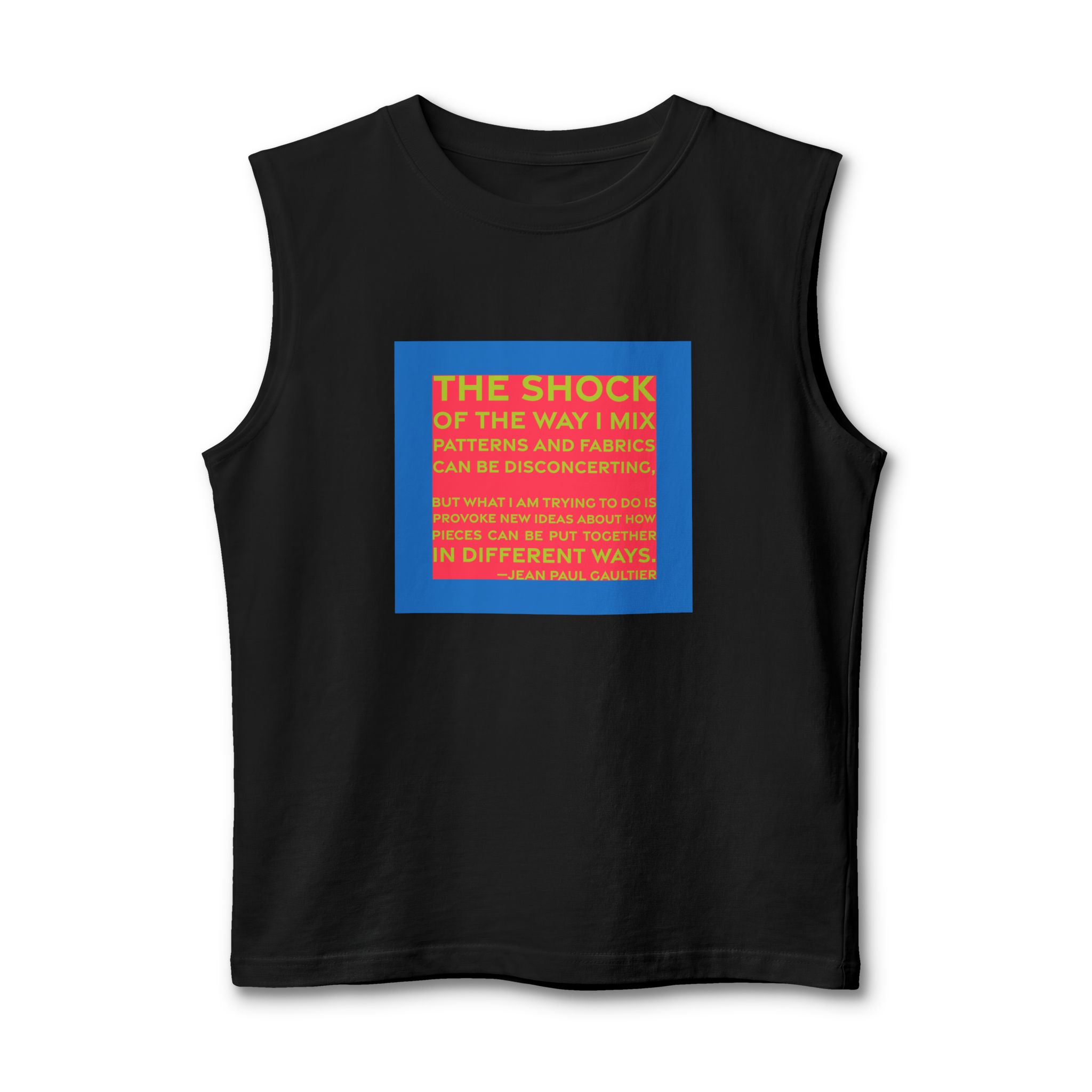 'The Shock of the Way' — Jean Paul Gaultier Quote Tee | RQuéV Black-on-White Statement Shirt — Muscle Tank