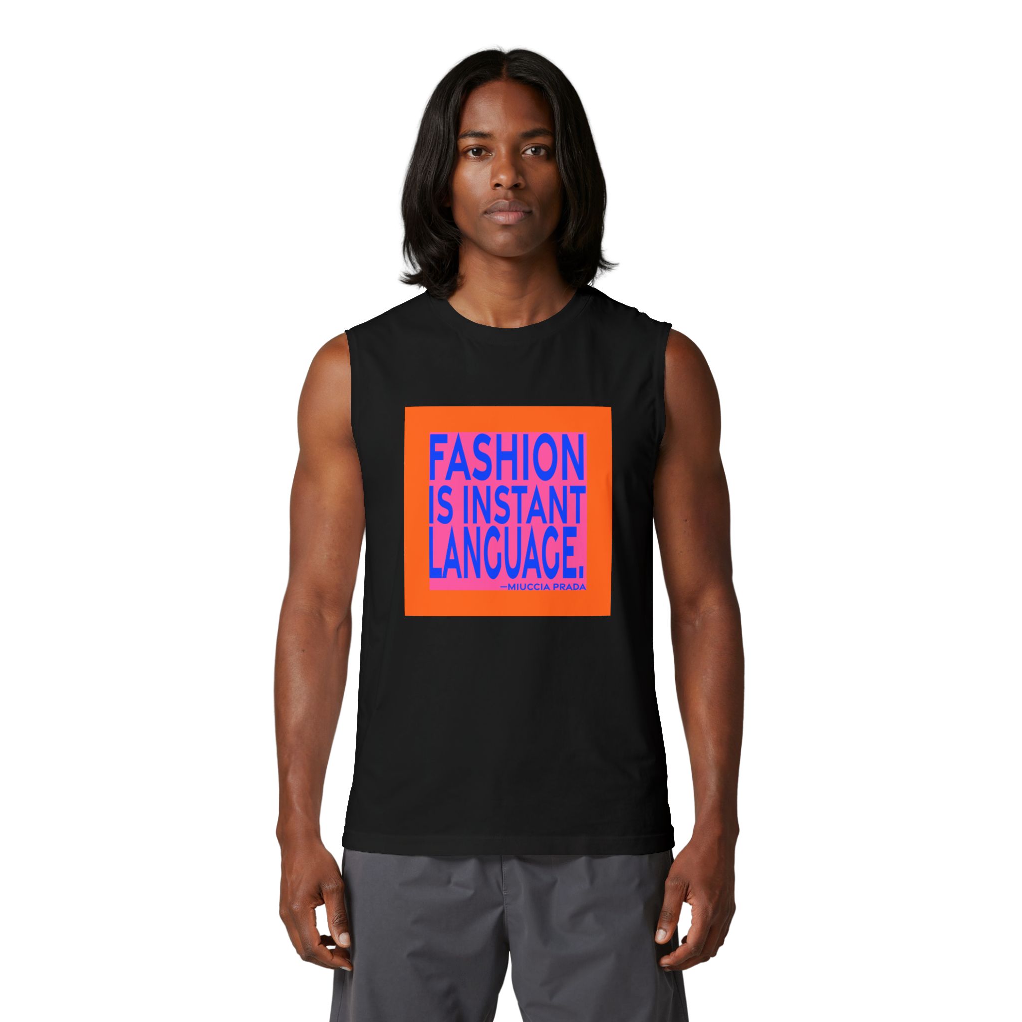 'Fashion is Instant Language' — Miuccia Prada Quote Tee | RQuéV Black-on-White Statement Shirt — Muscle Tank - Image 3