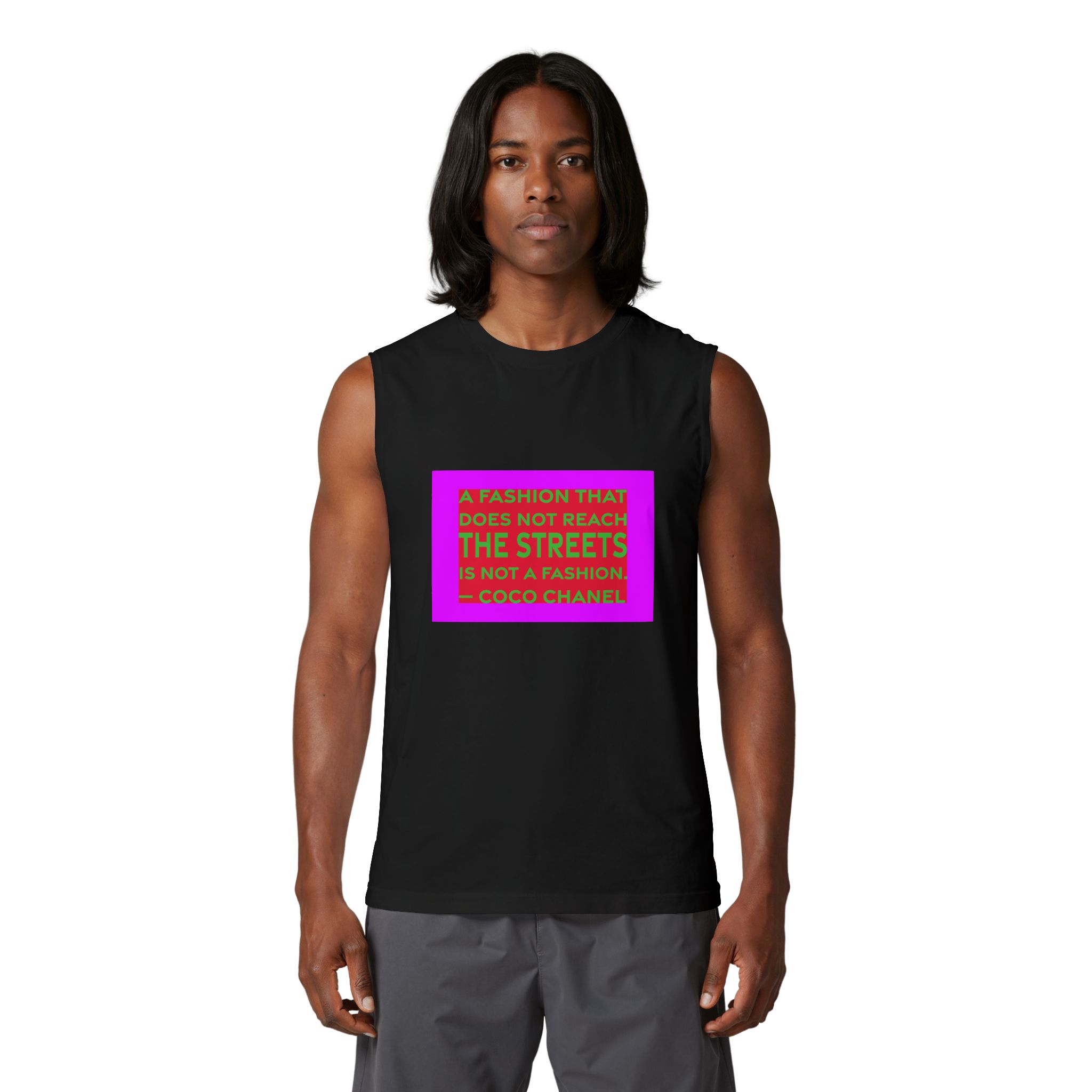 'A Fashion That Does Not' — Coco Chanel Quote Tee | RQuéV Black-on-White Statement Shirt — Muscle Tank - Image 2