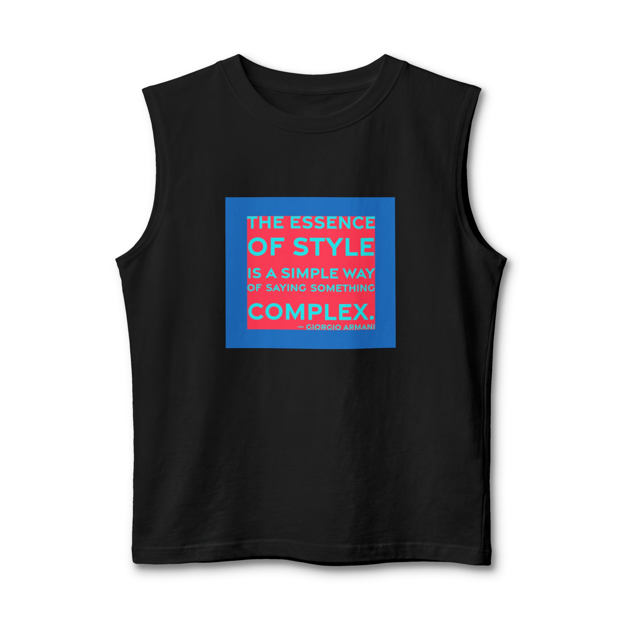 'The Essence of Style is' — Giorgio Armani Quote Tee | RQuéV Black-on-White Statement Shirt — Muscle Tank