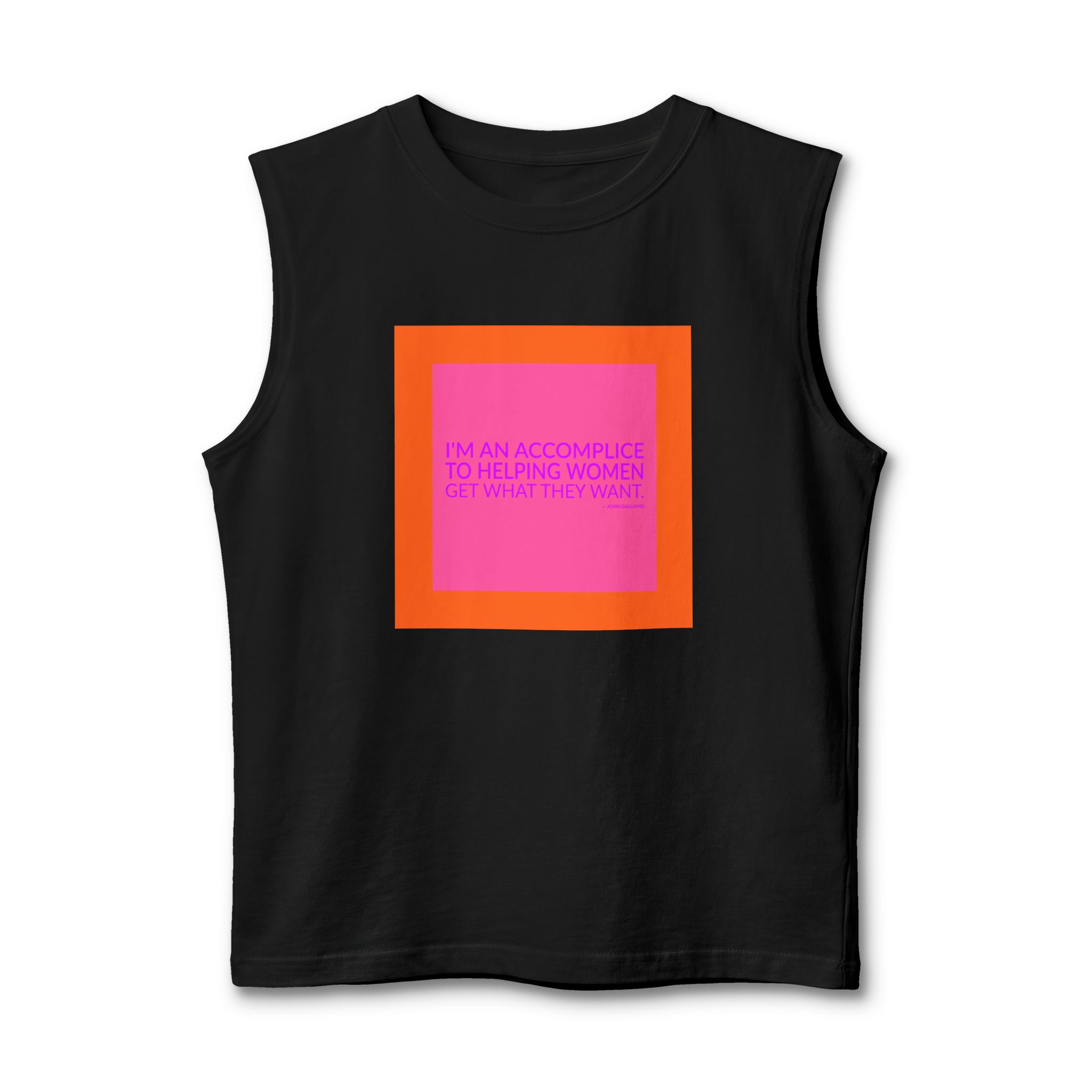 'I'm an Accomplice to Helping' — John Galliano Quote Tee | Wear Words Black-on-White Literary Tee — Muscle Tank