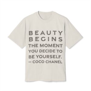 'Beauty Begins the Moment You' — Coco Chanel Quote Tee | RQuéV Black-on-White Statement Shirt — Oversized Tee