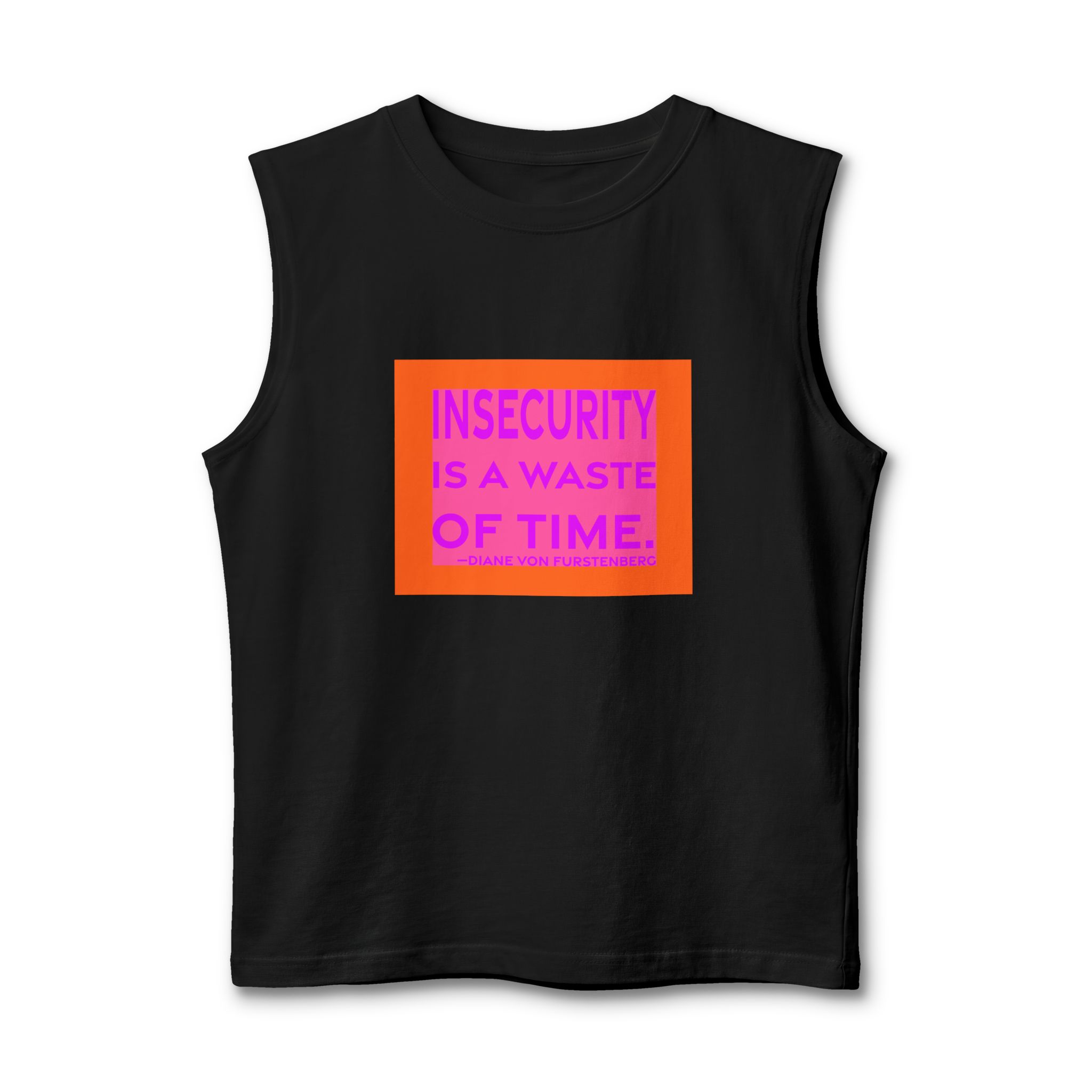 'Insecurity is a Waste of Time' — Diane von Fürstenberg Quote Tee | RQuéV Black-on-White Literary Tee — Muscle Tank