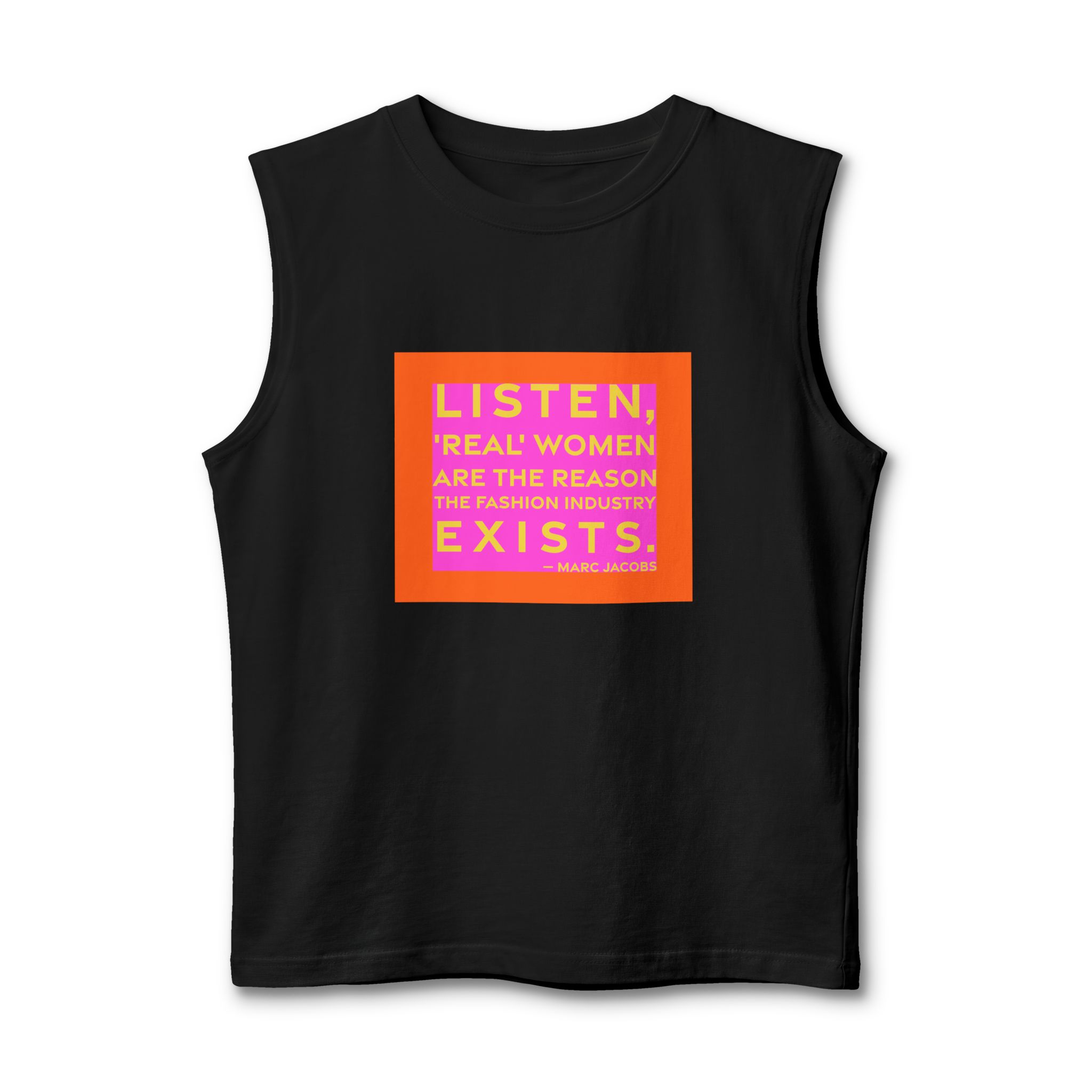 'Listen, 'real' Women Are the' — Marc Jacobs Quote Tee | RQuéV Black-on-White Statement Shirt — Muscle Tank