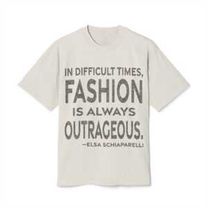 'In Difficult Times, Fashion is Always Outrageous' — Elsa Schiaparelli Quote Tee | RQuéV Black-on-White Statement Shirt — Oversized Tee