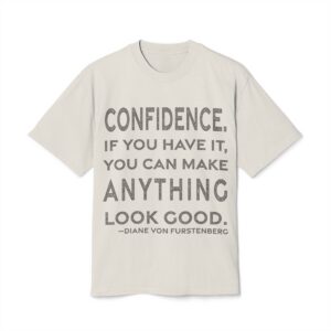 'Confidence. If You Have It,' — Diane von Fürstenberg Quote Tee | RQuéV Black-on-White Statement Shirt — Oversized Tee