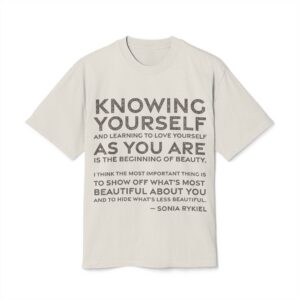 'Knowing Yourself and Learning to' — Sonia Rykiel Quote Tee | RQuéV Black-on-White Literary Tee — Oversized Tee