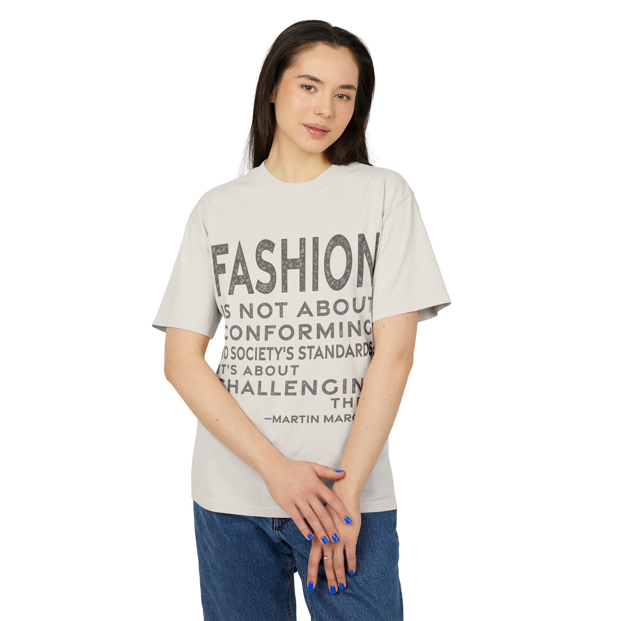 'Fashion is Not About Conforming' — Martin Margiela Quote Tee | RQuéV Black-on-White Statement Shirt — Oversized Tee - Image 2