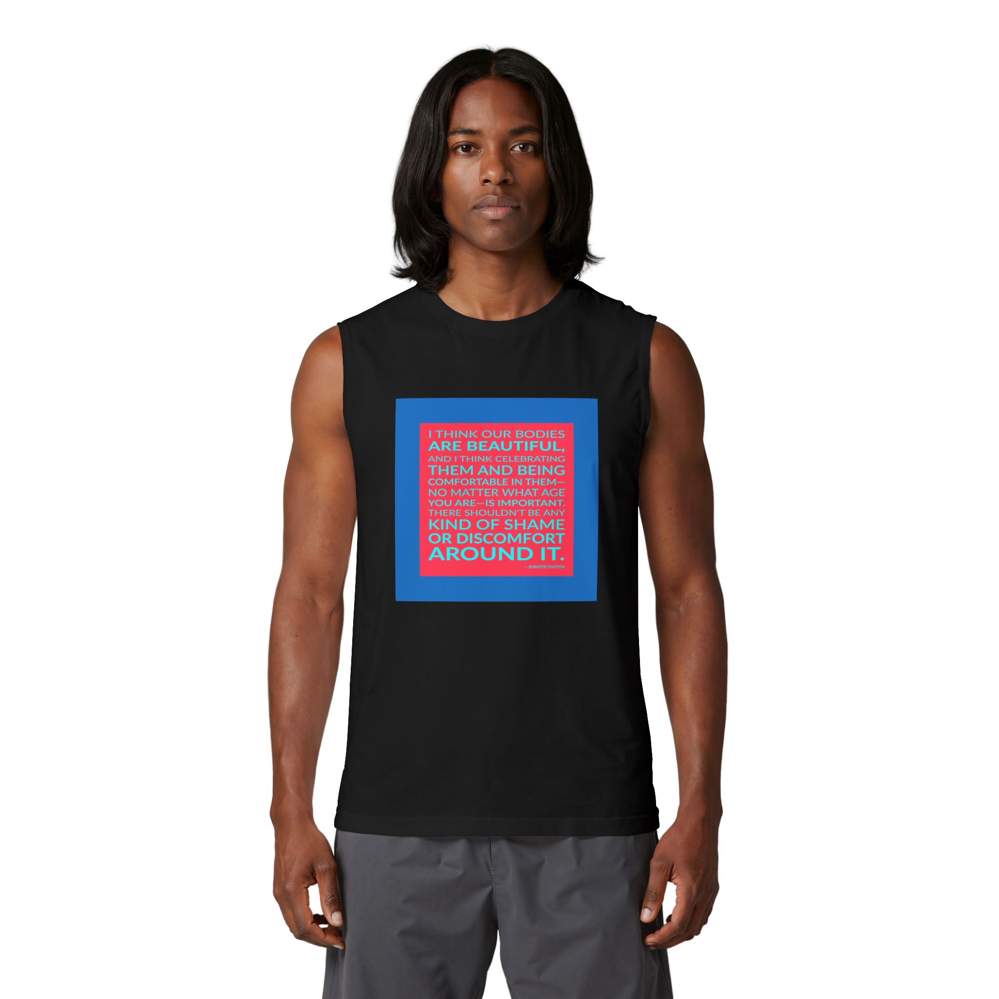 'I Think Our Bodies Are' — Jennifer Aniston Quote Tee | Wear Words Black-on-White Statement Shirt — Muscle Tank - Image 3