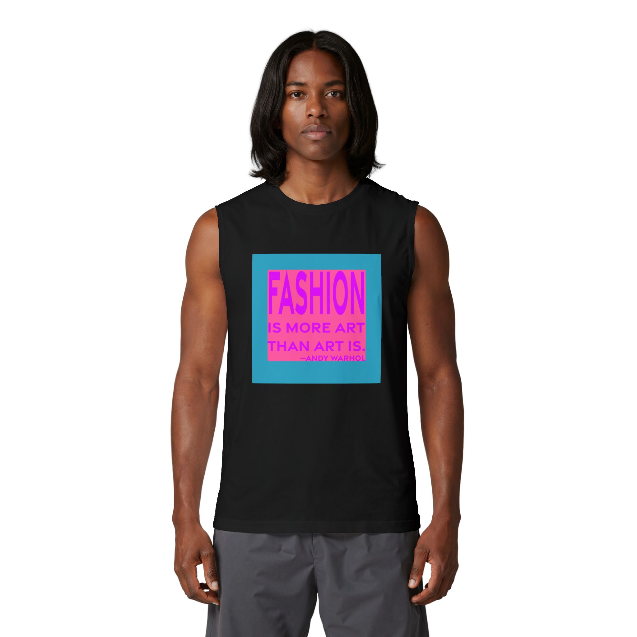 'Fashion is More Art Than Art is' — Andy Warhol Quote Tee | RQuéV Black-on-White Statement Shirt — Muscle Tank - Image 2
