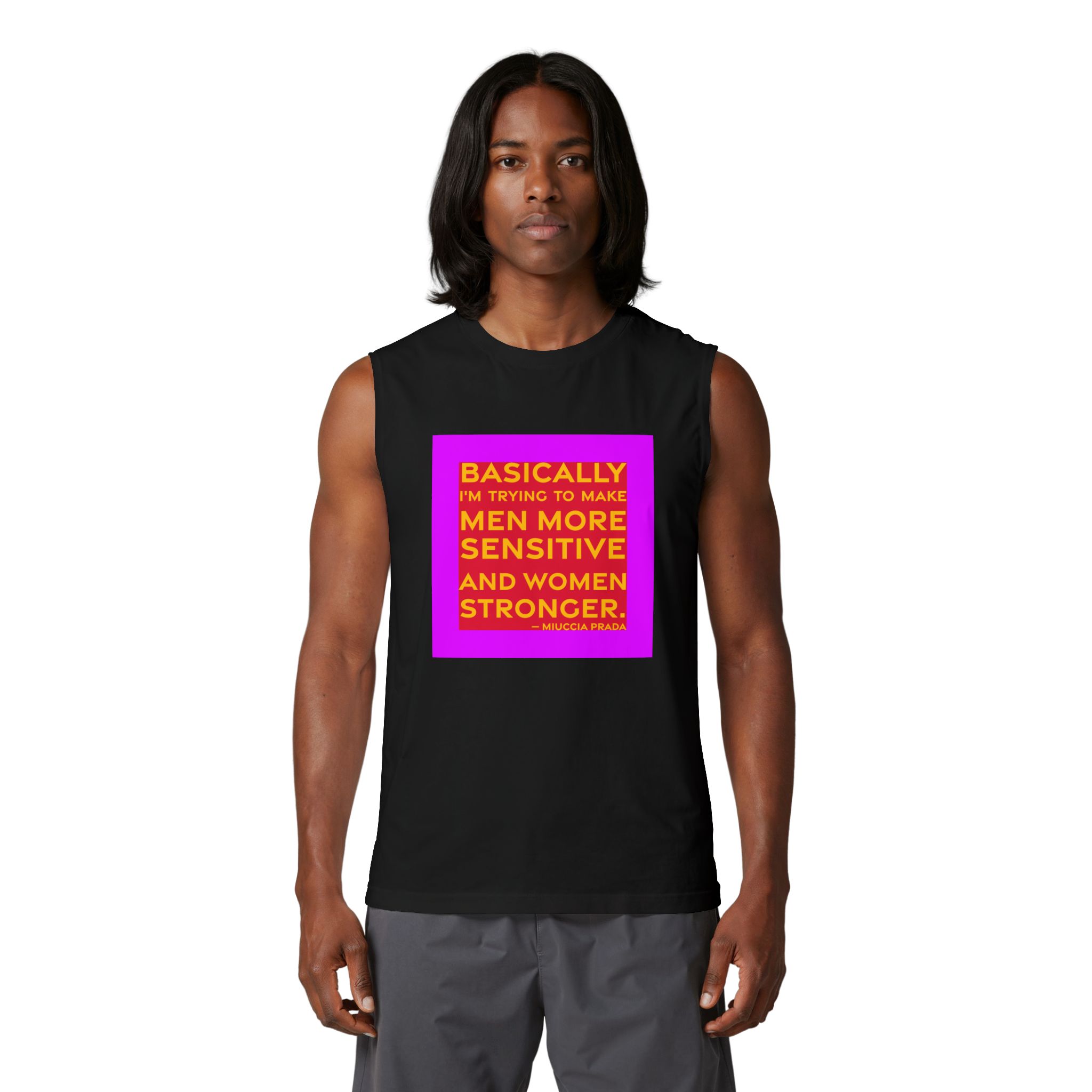 'Basically I'm Trying to Make' — Miuccia Prada Quote Tee | RQuéV Black-on-White Literary Tee — Muscle Tank - Image 4