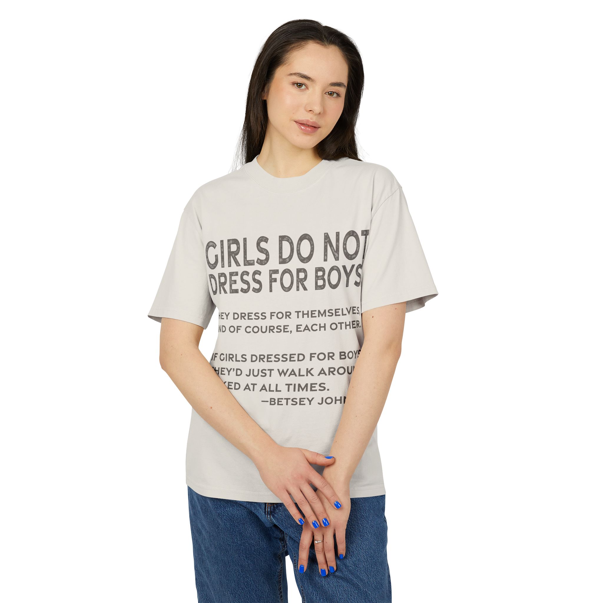 'Girls Do Not Dress for Boys' — Betsey Johnson Quote Tee | RQuéV Typographic Statement Tee — Oversized Tee - Image 3